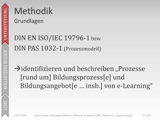 Methodik
UNTERSTÜTZUNG



                     Grundlagen

                     DIN EN ISO/IEC 19796-1 bzw.
                     DIN PAS 1032-1 (Prozessmodell)
KOLLEKTIVES WISSEN




                     identifizieren und beschreiben „Prozesse
                      [rund um] Bildungsprozess[e] und
                      Bildungsangebot[e … insb.] von e-Learning“
LCMS




                     14.07.2011   Anja Lorenz: „Nutzung kollektiven Wissens in einem LCMS“, DokSem11, Augustusburg   27 | 40
 
