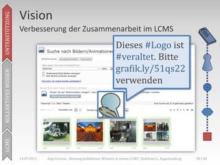 Vision
UNTERSTÜTZUNG



                     Verbesserung der Zusammenarbeit im LCMS
                                                                          Dieses #Logo ist
                                                                          #veraltet. Bitte
                                                                          grafik.ly/51qs22
KOLLEKTIVES WISSEN




                                                                          verwenden
LCMS




                     14.07.2011   Anja Lorenz: „Nutzung kollektiven Wissens in einem LCMS“, DokSem11, Augustusburg   38 | 40
 