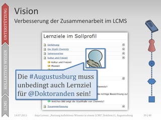 Vision
UNTERSTÜTZUNG



                     Verbesserung der Zusammenarbeit im LCMS
KOLLEKTIVES WISSEN




                       Die #Augustusburg muss
                       unbedingt auch Lernziel
                       für @Doktoranden sein!
LCMS




                     14.07.2011   Anja Lorenz: „Nutzung kollektiven Wissens in einem LCMS“, DokSem11, Augustusburg   39 | 40
 