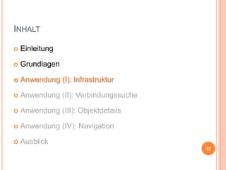 INHALT


Einleitung



Grundlagen



Anwendung (I): Infrastruktur



Anwendung (II): Verbindungssuche



Anwendung (III): Objektdetails



Anwendung (IV): Navigation



Ausblick
12

 