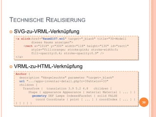 TECHNISCHE REALISIERUNG


SVG-zu-VRML-Verknüpfung
<a xlink:href="RaumZ107.wrl" target="_blank" title="3D-Modell
dieses Raums anzeigen">
<rect x="1018" y="300" width="118" height="130" id="rect1"
style="fill:orange; stroke:pink; stroke-width:5;
fill-opacity:0.4; stroke-opacity:0.9" />
</a>



VRML-zu-HTML-Verknüpfung
Anchor {
description "Hängeleuchte" parameter "target=_blank"
url ".../apps-inventar-detail.php?r=39&htwinv=33"
children [
Transform { translation 3.9 5.2 4.8
children [
Shape { appearance Appearance { material Material { ... } }
geometry DEF Lampe IndexedFaceSet { solid FALSE
coord Coordinate { point [ ... ] } coordIndex [ ... ] }
} ] } ] }

30

 