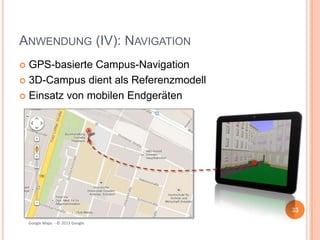 ANWENDUNG (IV): NAVIGATION
GPS-basierte Campus-Navigation
 3D-Campus dient als Referenzmodell
 Einsatz von mobilen Endgeräten


33
Google Maps - © 2013 Google

 