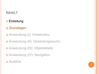 INHALT


Einleitung



Grundlagen



Anwendung (I): Infrastruktur



Anwendung (II): Verbindungssuche



Anwendung (III): Objektdetails



Anwendung (IV): Navigation



Ausblick
4

 