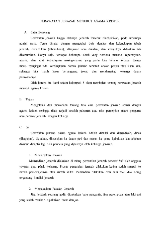 Perawatan jenazah menurut agama kristen | DOCX