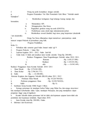 f. Orang tua perlu komunikasi dengan sekolah.
g. Program Pemenuhan Visi Misi Pemerintah Kab. Blora “ Sekolah murah
terjangkau”.
i. Memberikan keringanan bagi keluarga kurang mampu dan
bersaudara.
ii. Menurunkan SPI.
iii. Mengupayakan Bea Siswa.
iv. Paguyuban gerakan orang tua asuh (GNOTA).
v. Pembebasan sama sekali (dgn mekanisme/prosedur).
vi. Memberikan reward (hadiah) bagi siswa yang berprestasi (akademik
/ non akademik).
h. Orang Tua Siswa diharapkan dapat memotivasi putra/putrinya untuk
mencari tempat Prakerin di perusahaan yang baik.
i. Program Pendidikan;
Kelas 11;
1. Perbaikan nilai semester gasal bulan Januari mulai tgl 9
2. Program Prakerin = bulan Mei
3. Laporan kegiatan 2011 – 2012 : bulan Juni-Juli
j. Untuk kelas 11 tidak ada kenaikan iuran komite sekolah. Tetap Rp. 200.000,-
k. Realisasi Penggunaan Dana Pengembangan Sekolah tahun 2010 / 2011.
i. Rencana : Rp. 1.658.217.000,-
ii. Realisasi : Rp. 1.145.018.306,-
iii. aldo : Rp. ----16.941.449,-
Realisasi Penggunaan Iuran Komite Sekolah 2010 / 2011
i. Dana Masuk : Rp. 2.576.861.000,-
ii. Dana Keluar : Rp. 2.596.561.775,-
iii. Saldo : Rp. ----22.300.000,-
Rencana Kegiatan dan Anggaran Sekolah (RKAS) tahun 2011 / 2012
i. Perkiraan Dana Masuk : Rp. 10.220.760.024,-
ii. Perkiraan penggunaan Dana : Rp. 10.220.760.024,-
iii. Saldo : Rp. 0,-
3. Sambutan Ketua Komite SMK Negeri 1 Blora
a. Semoga pertemuan ini mendapat berkat Tuhan yang Maha Esa, dan smoga siswa/siswi
kita mendapat keberhasilan (lulus Ujian, mendapat Pekerjaan, dan yang menaljutkan dapat
perguruan tinggi yang di inginkan)
b. Komite Sekolah dalam pertemuan kali ini tidak ada keputusan apapun karen tidak ada
perubahan dari keputusan terdahulu. Rapat tahun 2010.
c. Iuran Komite tetep Rp. 200.000,-/ bulan.
4. Informasi dari Kesiswaan.
 