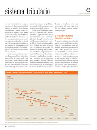 Nº 3 _ MARÇO 2016
Evilasio Salvador
62sistema tributário
do imposto territorial rural, ao
aumento da alíquota da contribui-
ção social sobre o lucro líquido
dos bancos e a alguns efeitos pe-
riféricos do imposto sobre opera-
ções financeiras (Cagnin e Freitas,
2011). Nos últimos doze anos não
foi revogada nenhuma das medi-
das regressivas adotadas na década
de 1990, destacadamente a isenção
de imposto de renda sobre a dis-
tribuição de lucros e dividendos a
pessoas físicas residentes no Brasil
ou no exterior.
Neste momento de crise, a re-
versão dos privilégios tributários
concedidos às classes mais ricas
poderia ser uma das alternativas
progressistas, pois permitiria ar-
recadar os recursos necessários pa-
ra manter as políticas sociais e re-
tomar investimentos públicos,
apontando ainda para a necessária
desconcentração de riqueza.
Projeções realizadas por Intro-
íni (2015) indicam que é possível
obter uma expressiva arrecadação
tributária direta com a reintrodu-
ção da tributação sobre lucros e
dividendos recebidos pelas pesso-
as físicas. Conforme dados da Re-
ceita Federal, no ano-calendário
de 2012 foram declarados R$ 207
bilhões recebidos por pessoas físi-
cas dessa forma, enquanto o mon-
tante de lucros e dividendos dis-
tribuídos – incluindo pessoas físi-
cas e jurídicas, exceto as optantes
pelo Simples – foi de R$ 436 bi-
lhões no mesmo ano. Introíni mos-
tra que a aplicação de uma alíquo-
ta efetiva de 25% sobre esses ren-
dimentos resultaria em uma
arrecadação adicional superior a
R$ 100 bilhões somente no im-
posto de renda.
O regressivo sistema
tributário brasileiro
A carga tributária bruta, incluindo
a arrecadação da União, estados,
Distrito Federal e municípios, au-
mentou significativamente entre
1995 e 2004, passando de 27% pa-
ra 33% do PIB. Mas nosso sistema
está concentrado em tributos re-
gressivos e indiretos, justamente
os que oneram mais os trabalha-
dores e os pobres. Mais da metade
da arrecadação provém de tributos
que incidem sobre bens e serviços,
com baixa tributação sobre renda
Fonte: OCDE (http://www.oecd.org/ctp/tax-policy/tax-database.htm) e PNUD (Human Development Report 2013). Os dados do Brasil são de 2011.
Figura 1 | Relação entre carga tributária e concentração de renda (países selecionados — 2010)
60
55
50
45
40
35
30
25
20
15
10
0,20 0,25 0,30 0,35 0,40 0,45 0,50 0,55 0,60
Carga
tributária
Índice
de Gini
Suécia
Finlândia
Áustria
Bélgica
Itália
Reino Unido
Canadá
Suiça
Turquia
EUA
México
Brasil
Alemanha
Espanha
Chile
SvitlanaMedvedieva/shutterstock.com
Revista PolitiKa nº3 - PT.indb 62 22/03/16 17:40
 