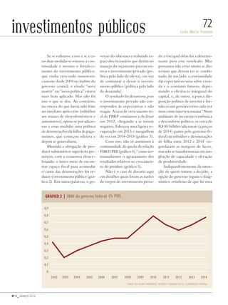 Nº 3 _ MARÇO 2016
Leda Maria Paulani
72investimentos públicos
Se se reduzisse a isso e se a es-
sas duas medidas se somasse a con-
tinuidade e mesmo o fortaleci-
mento do investimento público,
que vinha crescendo monotoni-
camente desde 2004 no âmbito do
governo central, o rótulo “nova
matriz” ou “nova política” estaria
mais bem aplicado. Mas não foi
isso o que se deu. Ao contrário,
na esteira do que havia sido feito
no imediato após-crise (subsídios
aos setores de eletrodomésticos e
automotivo), optou-se por adicio-
nar a essas medidas uma política
de desonerações da folha de paga-
mentos, que começou seletiva e
depois se generalizou.
Mantida a obrigação de pro-
duzir substantivos superávits pri-
mários, com a economia desace-
lerando, o único meio de encon-
trar espaço fiscal para acomodar
o custo das desonerações foi re-
duzir o investimento público (grá-
fico 2). Em outras palavras, o go-
verno decidiu usar o reduzido es-
paço discricionário que detém no
manejo do orçamento para incen-
tivar o investimento privado (po-
lítica pelo lado da oferta), em vez
de continuar a elevar o investi-
mento público (política pelo lado
da demanda).
O resultado foi desastroso, pois
o investimento privado não cor-
respondeu às expectativas e não
reagiu. A taxa de crescimento re-
al da FBKF continuou a declinar
em 2012, chegando a se tornar
negativa. Esboçou uma ligeira re-
cuperação em 2013 e mergulhou
de vez em 2014-2015 (gráfico 3).
Com isso, não só assistimos à
continuidade da queda da relação
FBKF/PIB (gráfico 4),5
como tes-
temunhamos o agravamento dos
resultados relativos ao crescimen-
to do produto (gráfico 5).
Não é o caso de discutir aqui
em detalhes quais foram as razões
do torpor do investimento priva-
do e/ou qual delas foi a determi-
nante para esse resultado. Mas
pensamos não errar muito se dis-
sermos que devem ter se combi-
nado, de um lado, a continuidade
das expectativas ruins sobre a ren-
da e o consumo futuros, depri-
mindo a eficiência marginal do
capital, e, de outro, a pouca dis-
posição política de investir e for-
talecer um governo visto cada vez
mais como intervencionista.6
Num
ambiente de incerteza econômica
e desconforto político, os cerca de
R$ 80 bilhões adicionais (a preços
de 2014) gastos pelo governo fe-
deral em subsídios e desonerações
de folha entre 2012 e 20147
en-
gordaram as margens de lucro,
mas não se transformaram em am-
pliação de capacidade e elevação
de produtividade.
Independentemente da inten-
ção de quem tomou a decisão, a
opção do governo seguiu o diag-
nóstico ortodoxo de que há uma
GRÁFICO 2 | FBKF do governo federal (% PIB)
2002	2003	2004	 2005	 2006	 2007	 2008	 2009	 2010	 2011	 2012	 2013	 2014
0,9
0,8
0,7
0,6
0,5
0,4
0,3
0,2
0,1
0
Fonte dos dados primários: Afonso e Fajardo (2015). Elaboração própria
Revista PolitiKa nº3 - PT.indb 72 22/03/16 17:40
 