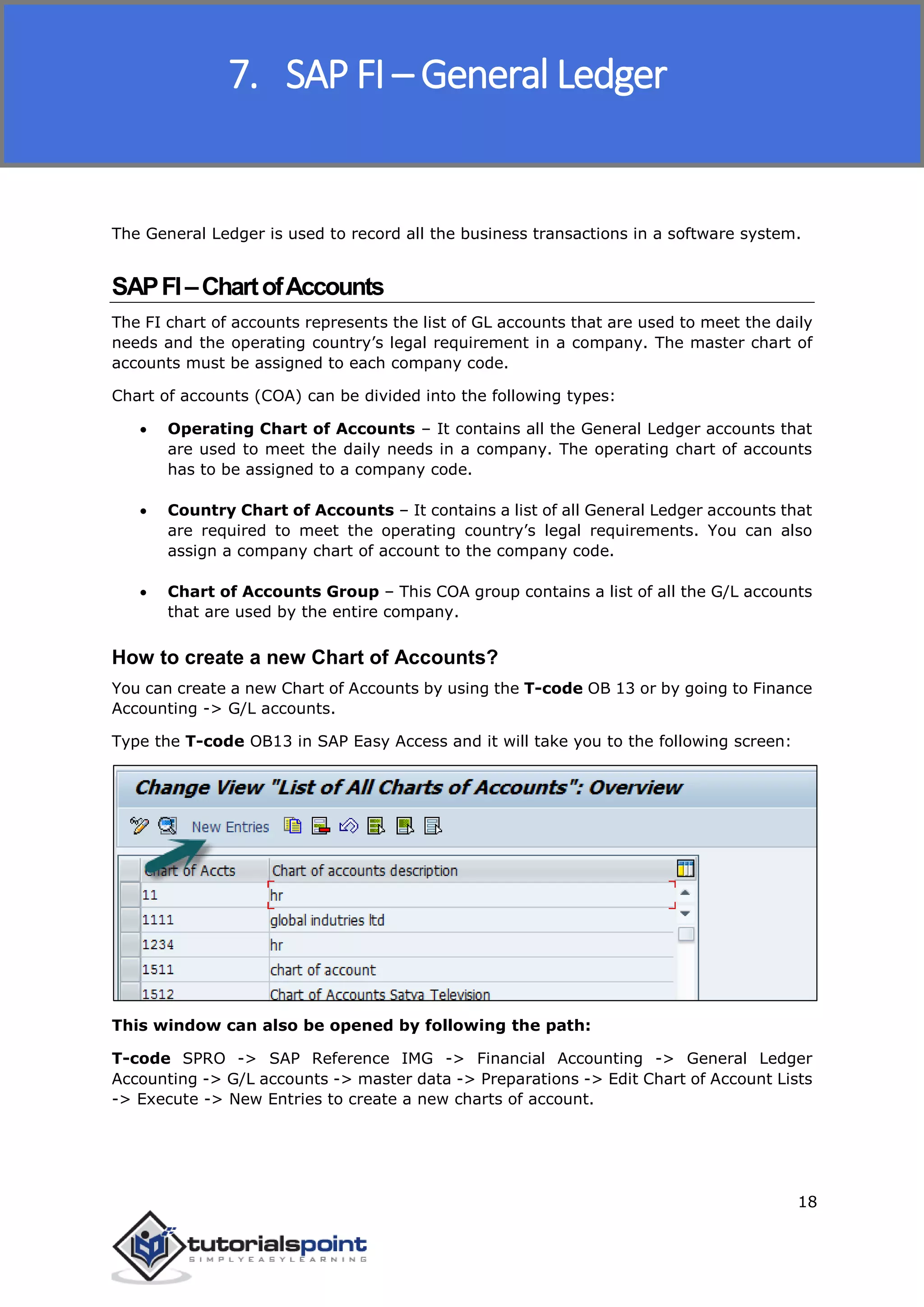 SAP FICO
18
The General Ledger is used to record all the business transactions in a software system.
SAPFI–ChartofAccounts
The FI chart of accounts represents the list of GL accounts that are used to meet the daily
needs and the operating country’s legal requirement in a company. The master chart of
accounts must be assigned to each company code.
Chart of accounts (COA) can be divided into the following types:
 Operating Chart of Accounts – It contains all the General Ledger accounts that
are used to meet the daily needs in a company. The operating chart of accounts
has to be assigned to a company code.
 Country Chart of Accounts – It contains a list of all General Ledger accounts that
are required to meet the operating country’s legal requirements. You can also
assign a company chart of account to the company code.
 Chart of Accounts Group – This COA group contains a list of all the G/L accounts
that are used by the entire company.
How to create a new Chart of Accounts?
You can create a new Chart of Accounts by using the T-code OB 13 or by going to Finance
Accounting -> G/L accounts.
Type the T-code OB13 in SAP Easy Access and it will take you to the following screen:
This window can also be opened by following the path:
T-code SPRO -> SAP Reference IMG -> Financial Accounting -> General Ledger
Accounting -> G/L accounts -> master data -> Preparations -> Edit Chart of Account Lists
-> Execute -> New Entries to create a new charts of account.
7. SAP FI – General Ledger
 