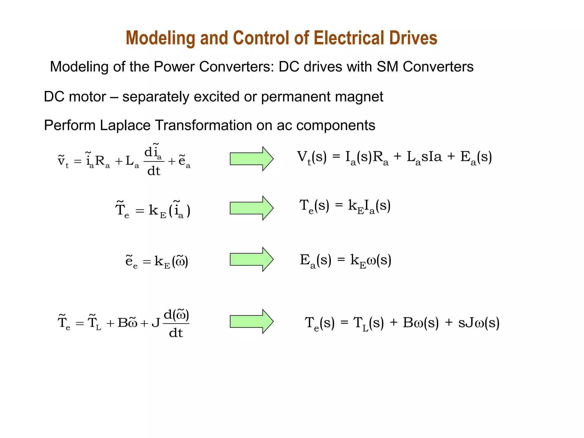 Perform Laplace Transformation on ac components
a
a
a
a
a
t e
~
dt
i
~
d
L
R
i
~
v
~ 


)
i
~
(
k
T
~
a
E
e 
)
~
(
k
e
~
E
e 

dt
)
~
(
d
J
~
B
T
~
T
~
L
e





Vt(s) = Ia(s)Ra + LasIa + Ea(s)
Te(s) = kEIa(s)
Ea(s) = kE(s)
Te(s) = TL(s) + B(s) + sJ(s)
DC motor – separately excited or permanent magnet
Modeling and Control of Electrical Drives
Modeling of the Power Converters: DC drives with SM Converters
 