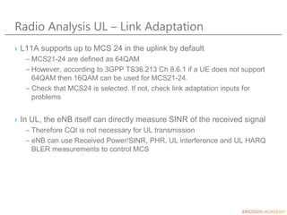 Radio Analysis UL – Link Adaptation
› L11A supports up to MCS 24 in the uplink by default
– MCS21-24 are defined as 64QAM
– However, according to 3GPP TS36.213 Ch 8.6.1 if a UE does not support
64QAM then 16QAM can be used for MCS21-24.
– Check that MCS24 is selected. If not, check link adaptation inputs for
problems
› In UL, the eNB itself can directly measure SINR of the received signal
– Therefore CQI is not necessary for UL transmission
– eNB can use Received Power/SINR, PHR, UL interference and UL HARQ
BLER measurements to control MCS
 