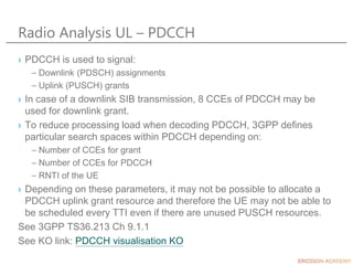 Radio Analysis UL – PDCCH
› PDCCH is used to signal:
– Downlink (PDSCH) assignments
– Uplink (PUSCH) grants
› In case of a downlink SIB transmission, 8 CCEs of PDCCH may be
used for downlink grant.
› To reduce processing load when decoding PDCCH, 3GPP defines
particular search spaces within PDCCH depending on:
– Number of CCEs for grant
– Number of CCEs for PDCCH
– RNTI of the UE
› Depending on these parameters, it may not be possible to allocate a
PDCCH uplink grant resource and therefore the UE may not be able to
be scheduled every TTI even if there are unused PUSCH resources.
See 3GPP TS36.213 Ch 9.1.1
See KO link: PDCCH visualisation KO
 