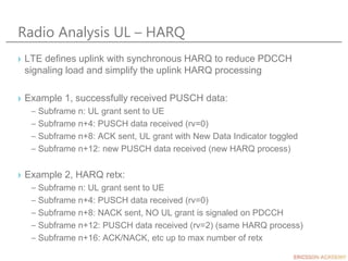 Radio Analysis UL – HARQ
› LTE defines uplink with synchronous HARQ to reduce PDCCH
signaling load and simplify the uplink...