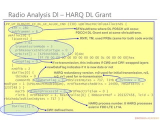 Radio Analysis Dl – HARQ DL Grant
LPP_UP_DLMACPE_CI_DL_UE_ALLOC_IND (330) UpDlMacPeCiDlUeAllocIndS {
sfn = 280
subframeNr = 8
ueAlloc[0] {
l1Control {
rnti = 61
transmissionMode = 3
prbResourceIndicatorType = 0
prbList[] = [4294443008, 0, 12, 0]dec
[ff f8 00 00 00 00 00 00 00 00 00 0c 00 00 00 00]hex
swapFlag = 0
}
nrOfTb = 2
tbAlloc[0] {
tbIndex = 0
commonTb { newDataFlag = 1, tbSizeInBytes = 717, l1Tb { rvIndex = 0,
modType = 1 (UPDLMACPEMode16Qam), nrOfRateMatchedBits = 14400, rmSoftBits =
1237248 } }
macTb { dlHarqProcessId = 0, nrOfMacCtrlElem = 0 }
rlcTb { nrOfBearer = 1, bearerAlloc[0] { bbBearerRef = 201327458, lcid = 3,
rbScheduledSizeInBytes = 717 } }
}
tbAlloc[1] {
...
SFN/subframe where DL PDSCH will occur.
PDCCH DL Grant sent at same sfn/subframe.
RNTI, TM, used PRBs (same for both code words)
If re-transmission, this indicates if CW0 and CW1 swapped layers
newDataFlag indicates if it is new data or not
HARQ redundancy version. rv0 used for initial transmission, rv2,
rv3, rv1 used for re-transmission.
HARQ process number. 8 HARQ processes
exist in FDD LTE L11A.
CW1 defined here.
 