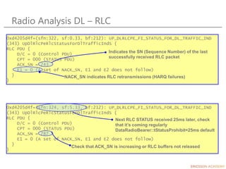 Radio Analysis DL – RLC
0xd4205d4f=(sfn:322, sf:0.33, bf:212): UP_DLRLCPE_FI_STATUS_FOR_DL_TRAFFIC_IND
(343) UpDlRlcPeRlcStatusForDlTrafficIndS {
RLC PDU {
D/C = 0 (Control PDU)
CPT = 000 (STATUS PDU)
ACK_SN = 743
E1 = 0 (A set of NACK_SN, E1 and E2 does not follow)
}
}
Indicates the SN (Sequence Number) of the last
successfully received RLC packet
NACK_SN indicates RLC retransmissions (HARQ failures)
0xd4205d4f=(sfn:324, sf:5.33, bf:212): UP_DLRLCPE_FI_STATUS_FOR_DL_TRAFFIC_IND
(343) UpDlRlcPeRlcStatusForDlTrafficIndS {
RLC PDU {
D/C = 0 (Control PDU)
CPT = 000 (STATUS PDU)
ACK_SN = 787
E1 = 0 (A set of NACK_SN, E1 and E2 does not follow)
}
}
Check that ACK_SN is increasing or RLC buffers not released
Next RLC STATUS received 25ms later, check
that it’s coming regularly
DataRadioBearer::tStatusProhibit=25ms default
 