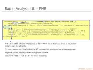 Radio Analysis UL – PHR
macCtrlElementList[0] {
type = 3 (UpUpCommonMacCommonMacCtrlElemPowerHr)
powerHeadroomReport { type = 3 (UpUpCommonMacCommonMacCtrlElemPowerHr), powerHeadroom =
55 }
cRnti { type = 3 (UpUpCommonMacCommonMacCtrlElemPowerHr), crnti = 3637377 }
truncatedBSR { type = 3 (UpUpCommonMacCommonMacCtrlElemPowerHr), bufferSize = 55 }
shortBSR { type = 3 (UpUpCommonMacCommonMacCtrlElemPowerHr), bufferSize = 55 }
longBSR { type = 3 (UpUpCommonMacCommonMacCtrlElemPowerHr), bufferSizeNr1Nr2 = 55,
bufferSizeNr3Nr4 = 32897 }
}
Type of MAC report, this case PHR (3)
PHR value of 55 which corresponds to 32 <= PH < 33. In this case there is no power
limitation on the UE side.
PH Index values <= 23 indicates the UE has reached maximum transmission power
Negative values indicate the UE was power limited
See 3GPP TS36.133 Ch 9.1.8.4 for index mapping
 