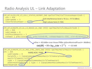 Radio Analysis UL – Link Adaptation
LPP_UP_ULCELLPE_CI_CELL_STATUS_REPORT_IND UpUlCellPeCiCellStatusReportIndS {
sfn = 456
subFrameNo = 3
interferencePower = -1170
Cell interference level x 10 (i.e. -117.0 dBm)
High values here (>-104)
LPP_UP_ULMACPE_CI_UL_L1_MEAS2_UL_IND (432) UpUlMacPeCiUlL1Meas2UlIndS {
sfn = 264
subFrameNo = 8
nrOfPuschReports = 1
rxPower { prbListStart=1, prbListEnd=48, rxPowerReport=-956, sinr=821854514 }
rxPwr = -95.6dBm over those PRBs (pZeroNominalPusch= -96dBm)
= ~22.9dB
)
2
(sinr
log
10
=
sinr[dB] -22
10 

LPP_UP_ULMACPE_CI_UL_MAC_CTRL_INFO_IND (433) UpUlMacPeCiUlMacCtrlInfoIndS {
sfn = 264
subFrameNo = 8
harqInfo = 1 (UpUpCommonMacCommonMacCtrlElemHarqFeedbackAck)
macCtrlElementList[0] {
type = 3 (UpUpCommonMacCommonMacCtrlElemPowerHr)
powerHeadroomReport { type = 3 (UpUpCommonMacCommonMacCtrlElemPowerHr),
powerHeadroom = 55 }
HARQ ACK / PHR
 