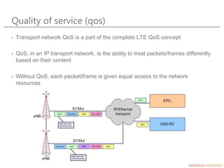 Quality of service (qos)
› Transport network QoS is a part of the complete LTE QoS concept
› QoS, in an IP transport network, is the ability to treat packets/frames differently
based on their content
› Without QoS, each packet/frame is given equal access to the network
resources
 