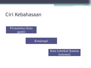 Ciri Kebahasaan
Pronomina (kata
ganti)
Konjungsi
Kata Leksikal (kamus
tertentu)
 
