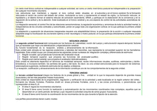 n cierto nivel tónico cortical es indispensable a cualquier actividad, así como un cierto nivel tónico postural es indispensable a la preparación
de cualquier movimiento voluntario.
Las estructuras que mantienen $ re!ulan el tono cortical están situadas en el subcortex $ en el tronco cerebral. s la formación
reticulada el centro de control del estado del córtex, modulando su tono $ manteniendo el estado de vi!ilia. La formación reticular, el
#ipotálamo $ el tálamo forman el sistema reticular de activación ascendente, (??, $ participa en la elaboración de la conciencia $ en la
re!ulación de la actitud $ de la atención. stá locali/ada en el tronco cerebral $ es una especie de control de las actividades automáticas de
#umano.
La inte!ración sensorial, el control fino de las relaciones sensoriomotoras, la re!ulación económica $ armoniosa de toda la actividad mental, la
independencia de los circuitos corticales $ subcorticales, ponen en )ue!o toda una or!ani/ación cortical, en la que participa la primera unidad
funcional.
La adaptación $ superación de situaciones inesperadas requiere una adaptabilidad tónica, la preparación de la acción o cualquier respuesta
adaptable exi!e la movili/ación de una tensión óptima a nivel neuroló!ico o motri/ postural, en la que participa directamente la primera unidad
funcional.
SE'NDA 'NIDAD
La /%#&da &idad 8&$io&al está compuesta por los factores de Lateralidad, noción del cuerpo $ estructuración espacio9temporal, factores
que $a necesitan que #a$a una laterali/ación $ especiali/ación cerebral.
(u función fundamental es la recepción, análisis $ almacenamiento de la información.
sta unidad está ubicada en las re!iones posteriores $ laterales del neocórtex, que representa la convexidad superior de los #emisferios
cerebrales. sta unidad ocupa, por consecuencia las si!uientes /onas nucleares de inte!ración comple)a $ diferenciada de estímulos
+ e!ión occipital, que pro$ecta las funciones del anali/ador visual.
7 e!ión temporal superior, que pro$ecta las funciones del anali/ador auditivo.
& e!ión post9central parietal, que pro$ecta el anali/ador tácticoHinestsico.
sta unidad es altamente específica en trminos de modalidad sensorial, recibe informaciones visuales, auditivas, estimulantes $ táctilo9
Hinestsica, e incorpora tambin, los sentidos del !usto $ del tacto. s decir, es una unidad estructurada para la recepción de sistemas
exteroceptivos superiores, recibiendo estímulos de los ob)etos a distancia.
La recepción, codificación $ almacenamiento de la información constitu$e uno de los comportamientos de la se!unda unidad.
TERCERA 'NIDAD
La %!$%!a &idad 8&$io&al inte!ra los factores de la praxia !lobal $ fina, unidad en la que la respuesta depende de !randes masas
musculares $ de las más pequeñas masas musculares.
sta unidad es responsable de la pro!ramación, re!ulación $ verificación de la actividad $ está locali/ada en la re!ión anterior del córtex,
formando los lóbulos frontales. Podemos dividir en áreas primarias frontales, /ona 4, $ las /onas promotoras, o psicomotoras, que
corresponden al área 6 $ <.
• l área 4 re!ula los movimientos voluntarios.
• l área 6 tiene como función la reali/ación $ automati/ación de los movimientos coordinados más comple)os, aquellos que se
desarrollan en un cierto periodo de tiempo $ que requiere la actividad con)unta de varios !rupos musculares,
• l área < tiene corrió función la coordinación de los movimientos de los o)os durante la fi)ación de la atención.
Los perfiles psicomotrices tienen cuatro niveles
 