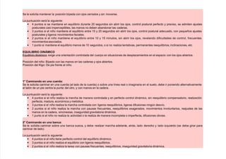 (e le solicita mantener la posición bípeda con o)os cerrados $ sin moverse.
La puntuación será la si!uiente
• 4 puntos si se mantiene en equilibrio durante 7' se!undos sin abrir los o)os, control postural perfecto $ preciso, se admiten a)ustes
posturales casi imperceptibles, las manos no deben abandonar las caderas.
• & puntos si el niño mantiene el equilibrio entre +8 $ 7' se!undos sin abrir los o)os, control postural adecuado, con pequeños a)ustes
posturales $ li!eros movimientos faciales.
• 7 puntos si el niño mantiene el equilibrio entre +' $ +8 minutos, sin abrir los o)os, revelando dificultades de control, frecuentes
movimientosasociados.
• + punto si mantiene el equilibrio menos de +' se!undos, o si no reali/a tentativas, permanentes reequilibrios, inclinaciones, etc.
E>'I-IBRIO DIN+MICO
quilibrio dinámico exi!e una orientación controlada del cuerpo en situaciones de despla/amientos en el espacio con los o)os abiertos.
Posición del niño Bípedo con las manos en las caderas $ o)os abiertos.
Posición del 5l!o ;e pie frente al niño.
1 Cami&a&do %& &a $%!da
(e le solicita caminar en una cuerda *al lado de la cuerda o sobre una línea real o ima!inaria en el suelo, debe ir poniendo alternativamente
el talón de un pie centra la punta del otro, $ con manos en la cadera.
La puntuación será la si!uiente
• 4 puntos si el niño reali/a la marc#a de manera controlada $ en perfecto control dinámico, sin reequilibrio compensatorio, reali/ación
perfecta, madura, económica $ melódica.
• & puntos si el niño reali/a la marc#a controlada con li!eros reequilibrios, li!eras difusiones nin!"n desvío.
• 7 puntos si el niño reali/a la marc#a con pausas frecuentes, reequilibrios exa!erados, movimientos involuntarios, rea)ustes de las
manos en la cadera, sincinesias, inse!uridad !ravitatoria dinámica.
• + punto si el niño no reali/a la actividad o la reali/a de manera incompleta o imperfecta, difusiones obvias.
; Cami&a&do %& &a 3a&$a
(e le solicita caminar sobre una banca sueca, $ debe reali/ar marc#a adelante, atrás, lado derec#o $ lado i/quierdo *se debe !irar para
caminar de lado.
La puntuación será la si!uiente
• 4 puntos si el niño tiene perfecto control del equilibrio dinámico.
• & puntos si el niño reali/a el equilibrio con li!eros reequilibrios.
• 7 puntos si el niño reali/a la tarea con pausas frecuentes, reequilibrios, inse!uridad !ravitatoria dinámica.
 