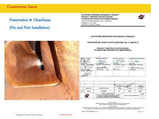 Copyright of Royal Dutch Shell plc CONFIDENTIAL
Construction Issues
Preservation & Cleanliness
{Pre and Post Installation}
 