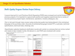 Copyright of Royal Dutch Shell plc CONFIDENTIAL
Design: LL and Specification Selection
Shell’s Quality Program Flawless Project Delivery
•Lessons learned (LL) and Practices Worth Repeating (PWR) were reviewed and carried forward from
previous projects. It is important to capture both positive and negative experiences from a variety of
sources (previous project mgmt, maintenance, operations, industry colleagues, etc)
•Our LL list went through many review cycles producing quality input being placed in the contractual
language of the purchase order. (Sources of contractual language include ITP’s, audit plan, technical
specifications, technical notes, drawings, etc)
•Specification selection leading to clarification rounds with vendor is a process that can not be rushed
and needs to take multiple rounds. All relevant LL and PWR were reviewed with vendor
 