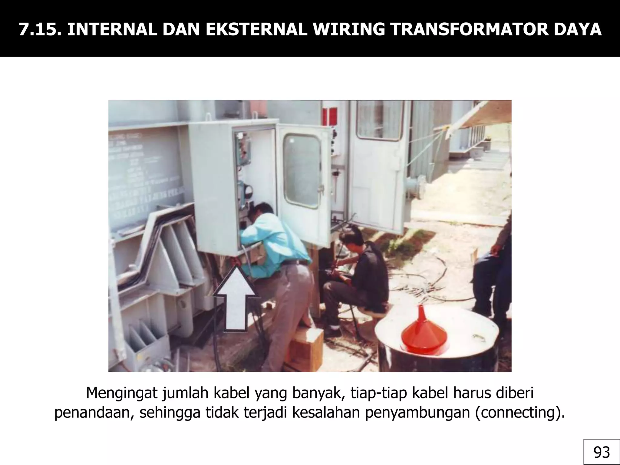7.15. INTERNAL DAN EKSTERNAL WIRING TRANSFORMATOR DAYA
Mengingat jumlah kabel yang banyak, tiap-tiap kabel harus diberi
penandaan, sehingga tidak terjadi kesalahan penyambungan (connecting).
93
 