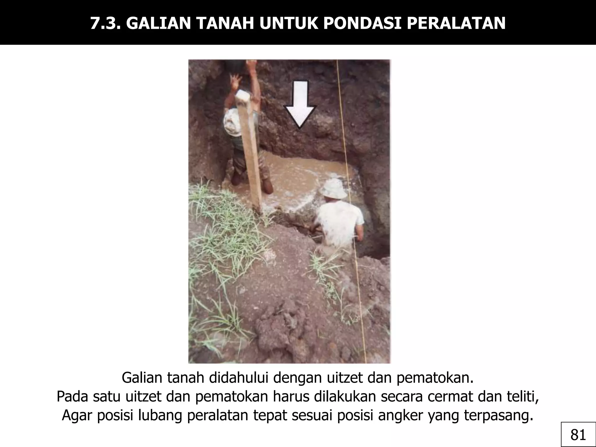 7.3. GALIAN TANAH UNTUK PONDASI PERALATAN
Galian tanah didahului dengan uitzet dan pematokan.
Pada satu uitzet dan pematokan harus dilakukan secara cermat dan teliti,
Agar posisi lubang peralatan tepat sesuai posisi angker yang terpasang.
81
 