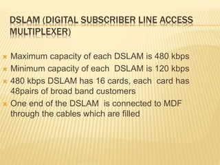 DSLAM (DIGITAL SUBSCRIBER LINE ACCESS
MULTIPLEXER)
 Maximum capacity of each DSLAM is 480 kbps
 Minimum capacity of each...