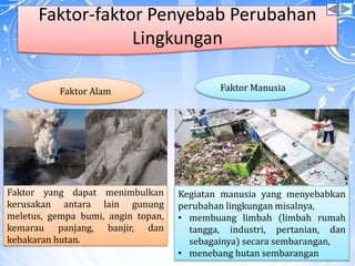 Faktor-faktor Penyebab Perubahan
Lingkungan
Faktor Alam Faktor Manusia
Faktor yang dapat menimbulkan
kerusakan antara lain gunung
meletus, gempa bumi, angin topan,
kemarau panjang, banjir, dan
kebakaran hutan.
Kegiatan manusia yang menyebabkan
perubahan lingkungan misalnya,
• membuang limbah (limbah rumah
tangga, industri, pertanian, dan
sebagainya) secara sembarangan,
• menebang hutan sembarangan
 
