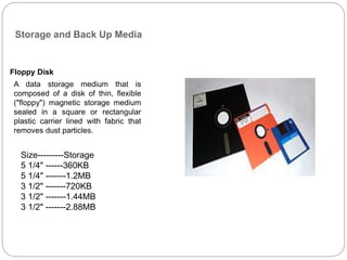 Storage and Back Up Media
Floppy Disk
A data storage medium that is
composed of a disk of thin, flexible
("floppy") magnetic storage medium
sealed in a square or rectangular
plastic carrier lined with fabric that
removes dust particles.
Size---------Storage
5 1/4" ------360KB
5 1/4" -------1.2MB
3 1/2" -------720KB
3 1/2" -------1.44MB
3 1/2" -------2.88MB
 