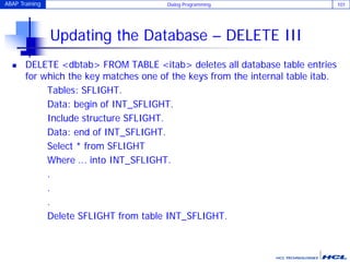 ABAP Training Dialog Programming 101
Updating the Database – DELETE III
 DELETE <dbtab> FROM TABLE <itab> deletes all database table entries
for which the key matches one of the keys from the internal table itab.
Tables: SFLIGHT.
Data: begin of INT_SFLIGHT.
Include structure SFLIGHT.
Data: end of INT_SFLIGHT.
Select * from SFLIGHT
Where ... into INT_SFLIGHT.
.
.
.
Delete SFLIGHT from table INT_SFLIGHT.
 