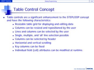 ABAP Training Dialog Programming 134
Table Control Concept
 Table controls are a significant enhancement to the STEPLOOP concept
and have the following characteristics:
 Resizable table grid for displaying and editing data
 Columns can be resized and repositioned by the user
 Lines and columns can be selected by the user
 Single, multiple, and ‘all’ line selection possible
 Columns can be selected by header
 Horizontal and vertical scrolling
 Key columns can be fixed
 Individual field (cell) attributes can be modified at runtime.
 