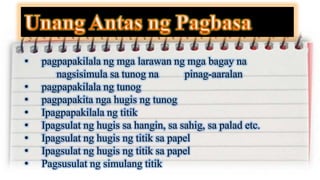 • pagpapakilala ng mga larawan ng mga bagay na
nagsisimula sa tunog na pinag-aaralan
• pagpapakilala ng tunog
• pagpapakita nga hugis ng tunog
• Ipagpapakilala ng titik
• Ipagsulat ng hugis sa hangin, sa sahig, sa palad etc.
• Ipagsulat ng hugis ng titik sa papel
• Ipagsulat ng hugis ng titik sa papel
• Pagsusulat ng simulang titik
 