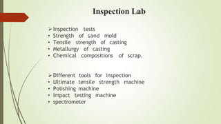 Inspection tests
mold
• Strength of sand
• Tensile strength of casting
• Metallurgy of casting
• Chemical compositions of scrap.
Different
• Ultimate
• Polishing
tools for inspection
tensile strength machine
machine
• Impact testing machine
• spectrometer
Inspection Lab
 