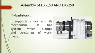 Assembly of DX-150 AND DX-250
Head-stock :
It supports
mechanism.
chuck and its
It has
system which
de-clamps of
clamps
work-
and
piece.
 