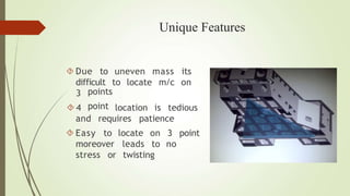 Unique Features
 Due to
difficult to locate m/c
uneven mass its
on
3
 4
points
point location is tedious
and requires patience
 Easy to locate
moreover leads
on 3 point
to no
stress or twisting
 