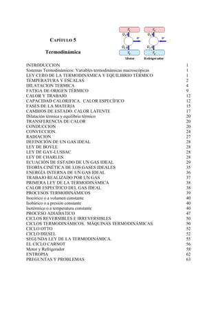 CAPÍTULO 5
Termodinámica
INTRODUCCION 1
Sistemas Termodinámicos: Variables termodinámicas macroscópicas 1
LEY CERO DE LA TERMODINÁMICA Y EQUILIBRIO TÉRMICO 1
TEMPERATURA Y ESCALAS 2
DILATACION TERMICA 4
FATIGA DE ORIGEN TÉRMICO 9
CALOR Y TRABAJO 12
CAPACIDAD CALORIFICA. CALOR ESPECÍFICO 12
FASES DE LA MATERIA 15
CAMBIOS DE ESTADO. CALOR LATENTE 17
Dilatación térmica y equilibrio térmico 20
TRANSFERENCIA DE CALOR 20
CONDUCCION 20
CONVECCION. 24
RADIACION 27
DEFINICIÓN DE UN GAS IDEAL 28
LEY DE BOYLE 28
LEY DE GAY-LUSSAC 28
LEY DE CHARLES. 28
ECUACIÓN DE ESTADO DE UN GAS IDEAL 29
TEORÍA CINÉTICA DE LOS GASES IDEALES 35
ENERGÍA INTERNA DE UN GAS IDEAL 36
TRABAJO REALIZADO POR UN GAS 37
PRIMERA LEY DE LA TERMODINÁMICA 38
CALOR ESPECÍFICO DEL GAS IDEAL 38
PROCESOS TERMODINÁMICOS 39
Isocórico o a volumen constante 40
Isobárico o a presión constante 40
Isotérmico o a temperatura constante 40
PROCESO ADIABATICO 47
CICLOS REVERSIBLES E IRREVERSIBLES 50
CICLOS TERMODINÁMICOS. MÁQUINAS TERMODINÁMICAS 50
CICLO OTTO 52
CICLO DIESEL 52
SEGUNDA LEY DE LA TERMODINÁMICA. 55
EL CICLO CARNOT 56
Motor y Refrigerador 58
ENTROPIA 62
PREGUNTAS Y PROBLEMAS 63
 