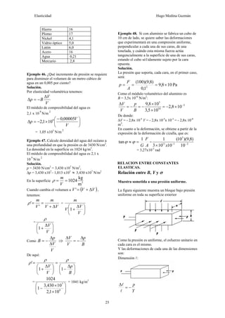 Elasticidad Hugo Medina Guzmán
25
Hierro 16
Plomo 17
Níckel 4,1
Vidrio óptico 5,0
Latón 6,0
Acero 16
Agua 0,21
Mercurio 2,8
Ejemplo 46. ¿Qué incremento de presión se requiere
para disminuir el volumen de un metro cúbico de
agua en un 0,005 por ciento?
Solución.
Por elasticidad volumétrica tenemos:
V
V
B
p
Δ
−
=
Δ
El módulo de compresibilidad del agua es
2,1 x 10
9
N/m
2
⎟
⎠
⎞
⎜
⎝
⎛ −
×
−
=
Δ
V
V
p
00005
,
0
10
1
,
2 9
= 1,05 x105
N/m
2
Ejemplo 47. Calcule densidad del agua del océano a
una profundidad en que la presión es de 3430 N/cm2
.
La densidad en la superficie es 1024 kg/m3
.
El módulo de compresibilidad del agua es 2,1 x
10
9
N/m
2
Solución.
p = 3430 N/cm2
= 3,430 x107
N/m2
,
Δp = 3,430 x107
– 1,013 x105
≈ 3,430 x107
N/m2
En la superficie 3
m
kg
1024
=
=
V
m
ρ
Cuando cambia el volumen a ( )
V
V
V Δ
+
=
' ,
tenemos:
V
V
m
V
m
Δ
+
=
=
'
'
ρ =
⎟
⎠
⎞
⎜
⎝
⎛ Δ
+
V
V
V
m
1
=
⎟
⎠
⎞
⎜
⎝
⎛ Δ
+
V
V
1
ρ
Como
V
V
p
B
Δ
Δ
−
= ⇒
B
p
V
V Δ
−
=
Δ
De aquí:
⎟
⎠
⎞
⎜
⎝
⎛ Δ
−
=
⎟
⎠
⎞
⎜
⎝
⎛ Δ
+
=
B
p
V
V
1
1
'
ρ
ρ
ρ
=
⎟
⎟
⎠
⎞
⎜
⎜
⎝
⎛
×
×
− 9
7
10
1
,
2
10
430
,
3
1
1024
= 1041 kg/m3
Ejemplo 48. Si con aluminio se fabrica un cubo de
10 cm de lado, se quiere saber las deformaciones
que experimentará en una compresión uniforme,
perpendicular a cada una de sus caras, de una
tonelada, y cuándo esta misma fuerza actúa
tangencialmente a la superficie de una de sus caras,
estando el cubo só1idamente sujeto por la cara
opuesta.
Solución.
La presión que soporta, cada cara, en el primer caso,
será:
Pa
10
8
,
9
1
,
0
)
8
,
9
)(
100
(
2
×
=
=
=
A
F
p
Como el módulo volumétrico del aluminio es
B = 3,5x 1010
N/m2
:
5
10
5
10
8
,
2
10
5
,
3
10
8
,
9 −
×
−
=
×
×
−
=
−
=
Δ
B
p
V
V
De donde:
ΔV = - 2,8x 10-5
V = - 2,8x 10-5
x 10-3
= - 2,8x 10-8
m3
.
En cuanto a la deformación, se obtiene a partir de la
expresión de la deformación de cizalla, que es:
A
F
G
1
tan =
≈ ϕ
ϕ = 2
3
1
11
10
)
8
,
9
)(
10
(
10
10
3
1
−
−
× x
= 3,27x10-5
rad
RELACION ENTRE CONSTANTES
ELASTICAS.
Relación entre B, Y y σ
Muestra sometida a una presión uniforme.
La figura siguiente muestra un bloque bajo presión
uniforme en toda su superficie exterior
Como la presión es uniforme, el esfuerzo unitario en
cada cara es el mismo.
Y las deformaciones de cada una de las dimensiones
son:
Dimensión l:
Y
p
−
=
Δ
l
l
 