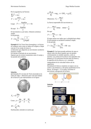 Movimiento Oscilatorio Hugo Medina Guzmán
6
Por la segunda ley de Newton:
→
→
=
∑ a
m
F
•
•
=
′
−
= x
m
x
m
M
G
F 2
Luego: kx
x
Gm
F −
=
−
=
3
4πρ
De aquí
3
4 Gm
k
πρ
=
El movimiento es, por tanto, vibratorio armónico
simple.
b) de período:
G
k
m
T
πρ
π
π
4
3
2
2 =
=
Ejemplo 8. Si la Tierra fuese homogénea y se hiciese
en conducto recto como se indica en la figura, al dejar
caer por él un cuerpo de masa m
a) demostrar que adquiriría un movimiento oscilatorio
armónico simple.
b) Calcular el período de ese movimiento.
Suponer que no existen rozamientos entre el cuerpo y
las paredes del conducto.
Solución.
a) Llamando M a la masa de Tierra encerrada en la
esfera de radio r, obtenemos para valor del módulo
de la fuerza F0 que representamos en la figura:
2
0
r
Mm
G
F =
Como:
0
0
V
M
V
M
dV
dm
=
=
=
ρ
0
3
0
3
M
R
r
M =
Sustituyendo, teniendo en cuenta que
0
2
0
0
mg
R
m
M
G = ⇒ 2
0
0
0 R
g
GM = ,
Obtenemos:
0
0
0
R
r
mg
F =
La fuerza responsable del movimiento es:
ϕ
sen
0
0
R
r
mg
F −
= ,
R
x
=
ϕ
sen
De aquí
kx
x
R
mg
F −
=
−
=
0
0
El signo menos nos indica que va dirigida hacia abajo.
El movimiento es oscilatorio armónico simple.
b) de período
84
2
2
0
0
=
=
=
g
R
k
m
T π
π min
Ejemplo 9. Una barra pesada uniforme de masa m
reposa sobre dos discos iguales que son girados
continuamente en sentidos opuestos, como se
muestra. Los centros de los discos esta separados una
distancia d. El coeficiente fricción entre las barras y
la superficie de los discos es μ , constante
independiente de la velocidad relativa de las
superficies.
Inicialmente la barra se mantiene en reposo con su
centro a una distancia x0 del punto equidistante de los
discos. Al tiempo t = 0 se suelta. Encontrar el
movimiento subsiguiente de la barra.
Solución.
Aparato
 