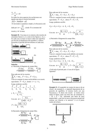 Movimiento Oscilatorio Hugo Medina Guzmán
9
0
=
+
•
•
y
m
k
y
En todos los otros aspectos las oscilaciones son
iguales que para el resorte horizontal.
( ) ( )
ϕ
ω −
= t
A
t
y sen
El moviendo es armónico simple y la frecuencia está
dada por
m
k
=
ω , siendo k la constante del
resorte y m la masa.
Ejemplo 10. Una masa m se conecta a dos resortes de
constantes fuerza k1 y k2 como en las figuras a , b y c.
En cada caso, la masa se mueve sobre una superficie
sin fricción al desplazarse del equilibrio y soltarse.
Encuentre el periodo del movimiento en cada caso.
(a)
(b)
(c)
Solución.
a) Haciendo el diagrama de cuerpo libre.
Para cada uno de los resortes:
x
x ma
F =
∑ , 1
1x
k
F = , 2
2 x
k
F =
Visto en conjunto la masa oscila debido a un resorte
equivalente: x
k
F e
= , donde 2
1 x
x
x +
=
Luego, podemos escribir.
2
1 k
F
k
F
k
F
e
+
= ⇒
2
1
1
1
1
k
k
ke
+
= ,
y
2
1
2
1
k
k
k
k
ke
+
= ,
Con esto
( )
2
1
2
1
k
k
m
k
k
+
=
ω y
( )
2
1
2
1
2
k
k
k
k
m
T
+
= π
b) Haciendo el diagrama de cuerpo libre.
Para cada uno de los resortes:
x
x ma
F =
∑ , x
k
F 1
1 = , x
k
F 2
2 =
Visto en conjunto la masa oscila debido a un resorte
equivalente: x
k
F e
= , ahora 2
1 F
F
F +
=
Luego, podemos escribir.
x
k
x
k
x
ke 2
1 +
= ⇒ 2
1 k
k
ke +
=
,
Con esto
( )
m
k
k 2
1 +
=
ω y
( )
2
1
2
k
k
m
T
+
= π
c) Haciendo el diagrama de cuerpo libre.
Para cada uno de los resortes:
x
x ma
F =
∑ , x
k
F 1
1 = , x
k
F 2
2 =
Visto en conjunto la masa oscila debido a un resorte
equivalente: x
k
F e
= , ahora 2
1 F
F
F +
=
Luego, podemos escribir.
x
k
x
k
x
ke 2
1 +
= ⇒ 2
1 k
k
ke +
= ,
Con esto
( )
m
k
k 2
1 +
=
ω y
( )
2
1
2
k
k
m
T
+
= π
¿Cuál sería el periodo para el caso de la figura
siguiente?
Ejemplo 11. Al suspender un cuerpo de masa m de un
resorte de constante k1, y separarlo ligeramente de su
posición de equilibrio, el sistema oscila con una
frecuencia f1. Si ahora este resorte se monta como
indica la figura, junto con otros dos, de constantes k2
= 2k1 y k3 = 4k1, utilizando una barra de peso
despreciable, ¿cuál será la nueva frecuencia propia del
sistema con relación a la anterior? A es el punto
medio de la barra.
Solución.
 