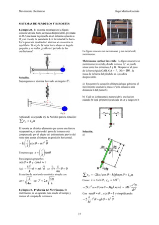 Movimiento Oscilatorio Hugo Medina Guzmán
15
SISTEMAS DE PENDULOS Y RESORTES
Ejemplo 20. El sistema mostrado en la figura
consiste de una barra de masa despreciable, pivotada
en O, Una masa m pequeña en el extremo opuesto a
O y un resorte de constante k en la mitad de la barra.
En la posición mostrada el sistema se encuentra en
equilibrio. Sí se jala la barra hacia abajo un ángulo
pequeño y se suelta, ¿cuál es el periodo de las
oscilaciones?
Solución.
Supongamos al sistema desviado un ángulo θ :
Aplicando la segunda ley de Newton para la rotación:
α
τ O
O I
=
∑
El resorte es el único elemento que causa una fuerza
recuperativa, el efecto del peso de la masa está
compensado por el efecto del estiramiento previo del
reste para poner al sistema en posición horizontal.
•
•
=
⎟
⎠
⎞
⎜
⎝
⎛
− θ
θ 2
cos
2
l
l
m
kx
Tenemos que θ
sen
2
⎟
⎠
⎞
⎜
⎝
⎛
=
l
x
Para ángulos pequeños:
θ
θ ≈
sen y 1
cos ≈
ϑ
Así:
•
•
=
− θ
θ 2
2
4
l
l
m
k
⇒ 0
4
=
+
•
•
θ
θ
m
k
Ecuación de moviendo armónico simple con
m
k
4
=
ω ⇒
k
m
T
4
2π
=
Ejemplo 21. Problema del Metrónomo. El
metrónomo es un aparato para medir el tiempo y
marcar el compás de la música
La figura muestra un metrónomo y un modelo de
metrónomo.
Metrónomo vertical invertido La figura muestra un
metrónomo invertido, donde la masa M se puede
situar entre los extremos A y B. Despreciar el peso
de la barra rígida OAB. OA = l , OB = l
10 , la
masa de la barra del péndulo se considera
despreciable.
a) Encuentre la ecuación diferencial que gobierna el
movimiento cuando la masa M está situada a una
distancia h del punto O.
b) Cuál es la frecuencia natural de la oscilación
cuando M está primero localizada en A y luego en B
Solución.
a)
α
θ
θ
τ O
O I
Mgh
kx =
−
−
=
∑ sen
.
cos
.
2 l
Como: θ
sen
x l
= ,
2
Mh
IO = :
θ
θ
θ sen
.
cos
.
2 2
Mgh
sen
k −
− l = 2
2
2
dt
d
Mh
θ
Con θ
θ ≈
sen , 1
cos =
θ y simplificando:
•
•
=
−
− θ
θ
θ 2
2
2 h
gh
M
k
l
 