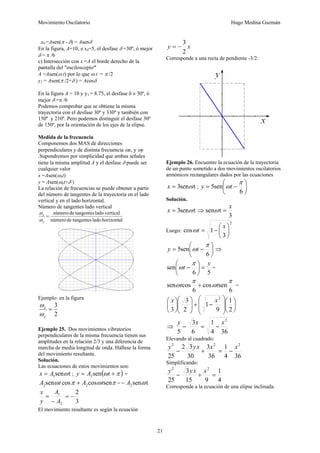 Movimiento Oscilatorio Hugo Medina Guzmán
21
x0 =Asen(π - δ) = Asenδ
En la figura, A=10, e x0=5, el desfase δ =30º, ó mejor
δ = π /6
c) Intersección con x =A el borde derecho de la
pantalla del "osciloscopio"
A =Asen(ω t) por lo que ω t = π /2
y1 = Asen(π /2+δ ) = Acosδ
En la figura A = 10 y y1 = 8.75, el desfase δ » 30º, ó
mejor δ =π /6
Podemos comprobar que se obtiene la misma
trayectoria con el desfase 30º y 330º y también con
150º y 210º. Pero podemos distinguir el desfase 30º
de 150º, por la orientación de los ejes de la elipse.
Medida de la frecuencia
Componemos dos MAS de direcciones
perpendiculares y de distinta frecuencia ωx, y ωy
.Supondremos por simplicidad que ambas señales
tiene la misma amplitud A y el desfase δ puede ser
cualquier valor
x =Asen(ωxt)
y = Asen(ωyt+δ )
La relación de frecuencias se puede obtener a partir
del número de tangentes de la trayectoria en el lado
vertical y en el lado horizontal.
Número de tangentes lado vertical
horizontal
lado
tangentes
de
número
vertical
lado
tangentes
de
número
=
y
x
ω
ω
Ejemplo: en la figura
2
3
=
y
x
ω
ω
Ejemplo 25. Dos movimientos vibratorios
perpendiculares de la misma frecuencia tienen sus
amplitudes en la relación 2/3 y una diferencia de
marcha de media longitud de onda. Hállese la forma
del movimiento resultante.
Solución.
Las ecuaciones de estos movimientos son:
t
sen
1 ω
A
x = ; ( )
π
ω +
= t
A
y sen
2 =
π
ω
π
ω sen
cos
cos
sen 2
2 t
A
t
A + = t
sen
2 ω
A
−
3
2
2
1
−
=
−
=
A
A
y
x
El movimiento resultante es según la ecuación
x
y
2
3
−
=
Corresponde a una recta de pendiente -3/2.
Ejemplo 26. Encuentre la ecuación de la trayectoria
de un punto sometido a dos movimientos oscilatorios
armónicos rectangulares dados por las ecuaciones
t
sen
3 ω
=
x ; ⎟
⎠
⎞
⎜
⎝
⎛
−
=
6
sen
5
π
ωt
y
Solución.
t
sen
3 ω
=
x ⇒
3
t
sen
x
=
ω
Luego:
2
3
1
cos ⎟
⎠
⎞
⎜
⎝
⎛
−
=
x
t
ω
⎟
⎠
⎞
⎜
⎝
⎛
−
=
6
sen
5
π
ωt
y ⇒
5
6
sen
y
t =
⎟
⎠
⎞
⎜
⎝
⎛
−
π
ω =
6
sen
cos
6
cos
sen
π
ω
π
ω t
t + =
⎟
⎠
⎞
⎜
⎝
⎛
⎟
⎟
⎠
⎞
⎜
⎜
⎝
⎛
−
+
⎟
⎟
⎠
⎞
⎜
⎜
⎝
⎛
⎟
⎠
⎞
⎜
⎝
⎛
2
1
9
1
2
3
3
2
x
x
⇒
36
4
1
6
3
5
2
x
x
y
−
=
−
Elevando al cuadrado:
36
4
1
36
3
30
3
2
25
2
2
2
x
x
x
y
y
−
=
+
−
Simplificando:
4
1
9
15
3
25
2
2
=
+
−
x
x
y
y
Corresponde a la ecuación de una elipse inclinada.
 