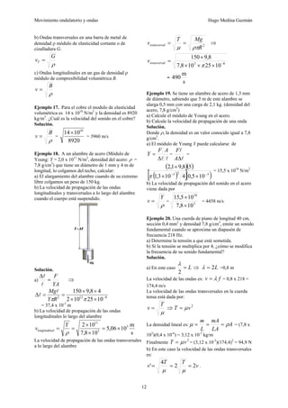 Movimiento ondulatorio y ondas Hugo Medina Guzmán
12
b) Ondas transversales en una barra de metal de
densidad ρ módulo de elasticidad cortante o de
cizalladura G.
ρ
G
vT =
c) Ondas longitudinales en un gas de densidad ρ
módulo de compresibilidad volumétrica B.
ρ
B
v =
Ejemplo 17. Para el cobre el modulo de elasticidad
volumétrica es 14 x 1010
N/m2
y la densidad es 8920
kg/m3
. ¿Cuál es la velocidad del sonido en el cobre?
Solución.
ρ
B
v = =
8920
10
14 10
×
= 3960 m/s
Ejemplo 18. A un alambre de acero (Módulo de
Young: Y = 2,0 x 1011
N/m2
, densidad del acero: ρ =
7,8 g/cm3
) que tiene un diámetro de 1 mm y 4 m de
longitud, lo colgamos del techo, calcular:
a) El alargamiento del alambre cuando de su extremo
libre colgamos un peso de 150 kg.
b) La velocidad de propagación de las ondas
longitudinales y transversales a lo largo del alambre
cuando el cuerpo está suspendido.
Solución.
a)
YA
F
=
Δ
l
l
⇒
8
12
2
10
25
10
2
4
8
,
9
150
−
×
×
×
×
=
=
Δ
π
πR
Y
Mgl
l
= 37,4 x 10-3
m
b) La velocidad de propagación de las ondas
longitudinales lo largo del alambre
s
m
10
06
,
5
10
8
,
7
10
2 3
3
11
×
=
×
×
=
=
ρ
Y
v al
longitudin
La velocidad de propagación de las ondas transversales
a lo largo del alambre
2
R
Mg
T
v l
transversa
ρπ
μ
=
= ⇒
8
3
10
25
10
8
,
7
8
,
9
150
−
×
×
×
×
=
π
l
transversa
v
=
s
m
490
Ejemplo 19. Se tiene un alambre de acero de 1,3 mm
de diámetro, sabiendo que 5 m de este alambre se
alarga 0,5 mm con una carga de 2,1 kg. (densidad del
acero, 7,8 g/cm3
)
a) Calcule el módulo de Young en el acero.
b) Calcule la velocidad de propagación de una onda
Solución.
Donde ρ, la densidad es un valor conocido igual a 7,8
g/cm3
.
a) El módulo de Young Y puede calcularse de
l
l
Δ
=
A
F
Y =
l
l
Δ
A
F
=
( )( )
( )
[ ]( )
3
2
3
10
5
,
0
4
10
3
,
1
5
8
,
9
1
,
2
−
−
×
×
×
π
= 15,5 x 1010
N/m2
b) La velocidad de propagación del sonido en el acero
viene dada por
ρ
Y
v = = 3
10
10
8
,
7
10
5
,
15
×
×
= 4458 m/s
Ejemplo 20. Una cuerda de piano de longitud 40 cm,
sección 0,4 mm2
y densidad 7,8 g/cm3
, emite un sonido
fundamental cuando se aproxima un diapasón de
frecuencia 218 Hz.
a) Determine la tensión a que está sometida.
b) Si la tensión se multiplica por 4, ¿cómo se modifica
la frecuencia de su sonido fundamental?
Solución.
a) En este caso L
=
2
λ
⇒ L
2
=
λ =0,8 m
La velocidad de las ondas es: f
v λ
= = 0,8 x 218 =
174,4 m/s
La velocidad de las ondas transversales en la cuerda
tensa está dada por:
μ
T
v = ⇒ 2
v
T μ
=
La densidad lineal es: A
LA
mA
L
m
ρ
μ =
=
= = (7,8 x
103
)(0,4 x 10-6
) = 3,12 x 10-3
kg/m
Finalmente
2
v
T μ
= = (3,12 x 10-3
)(174,4)2
= 94,9 N
b) En este caso la velocidad de las ondas transversales
es:
v
T
T
v 2
2
4
' =
=
=
μ
μ
.
 