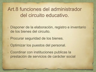 Art.8 funciones del administrador
del circuito educativo.
Disponer de la elaboración, registro e inventario
de los bienes del circuito.
Procurar seguridad de los bienes.
Optimizar los puestos del personal.
Coordinar con instituciones publicas la
prestación de servicios de carácter social
 