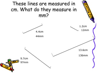 These lines are measured in
cm. What do they measure in
mm?
4.4cm
44mm
9.7cm
97mm
1.2cm
12mm
13.6cm
136mm
 