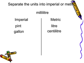millilitre
litre
centilitre
Separate the units into imperial or metric.
Imperial
pint
Metric
gallon
 
