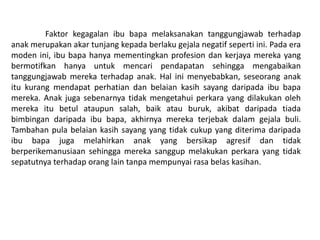 Faktor kegagalan ibu bapa melaksanakan tanggungjawab terhadap
anak merupakan akar tunjang kepada berlaku gejala negatif seperti ini. Pada era
moden ini, ibu bapa hanya mementingkan profesion dan kerjaya mereka yang
bermotifkan hanya untuk mencari pendapatan sehingga mengabaikan
tanggungjawab mereka terhadap anak. Hal ini menyebabkan, seseorang anak
itu kurang mendapat perhatian dan belaian kasih sayang daripada ibu bapa
mereka. Anak juga sebenarnya tidak mengetahui perkara yang dilakukan oleh
mereka itu betul ataupun salah, baik atau buruk, akibat daripada tiada
bimbingan daripada ibu bapa, akhirnya mereka terjebak dalam gejala buli.
Tambahan pula belaian kasih sayang yang tidak cukup yang diterima daripada
ibu bapa juga melahirkan anak yang bersikap agresif dan tidak
berperikemanusiaan sehingga mereka sanggup melakukan perkara yang tidak
sepatutnya terhadap orang lain tanpa mempunyai rasa belas kasihan.
 
