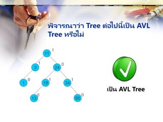 พิจารณาว่า Tree ต่อไปนี้เป็ น AVL
Tree หรือไม่
1
11
3 24
18 34
13 86
1
0
1 1
0
1
0 0
เป็ น AVL Tree
 