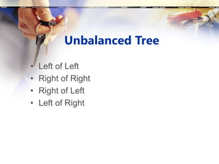 Unbalanced Tree
• Left of Left
• Right of Right
• Right of Left
• Left of Right
 